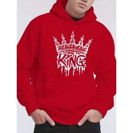 Men'S Casual King Crown Print Hoodie, 100% Polyester Long Sleeve Sweatshirt, Winter Knit Fabric with Slight Stretch, Regular Fit Hooded Top, 200g/m² - Trendy American Style Clothing Gift