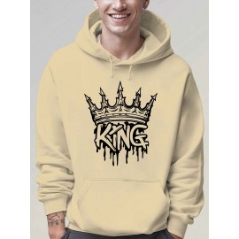 Men'S Casual King Crown Print Hoodie, 100% Polyester Long Sleeve Sweatshirt, Winter Knit Fabric with Slight Stretch, Regular Fit Hooded Top, 200g/m² - Trendy American Style Clothing Gift