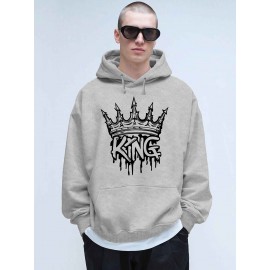 Men'S Casual King Crown Print Hoodie, 100% Polyester Long Sleeve Sweatshirt, Winter Knit Fabric with Slight Stretch, Regular Fit Hooded Top, 200g/m² - Trendy American Style Clothing Gift