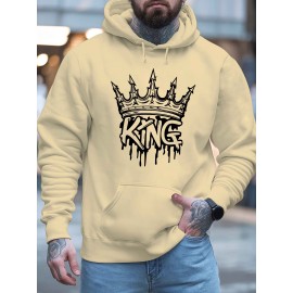 Men'S Casual King Crown Print Hoodie, 100% Polyester Long Sleeve Sweatshirt, Winter Knit Fabric with Slight Stretch, Regular Fit Hooded Top, 200g/m² - Trendy American Style Clothing Gift