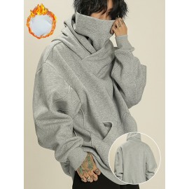 Men's Fleece-Lined Hooded Sweatshirt - High Neck Pullover with Pockets, Loose Fit Casual Winter Warmth, Machine Washable Grey All-Season Top for Daily & Leisure Wear, Sweater Hoodie