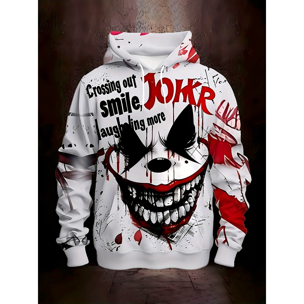 Men'S Joker 3D Print Hoodie - Casual Sporty Fitness & Outdoor Sweatshirt with Drawstring Pockets, Stretch Knit Fabric, Regular Fit for Spring, Fall, Winter Streetwear