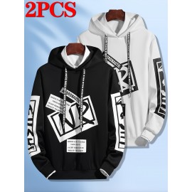 2-Pack Men'S Casual Long Sleeve Hooded Sweatshirts, Polyester Knit Fabric with Slight Stretch, Regular Fit, Alphabet Pattern, Sports Style Hooded Pullover for Outdoor, Leisure & Athletic Wear
