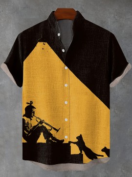 Men's Lightweight Shirt - Black & Mustard-Yellow Geometric Cat Art Print Button-Up - Stand-Up Collar Casual Beach Vacation Outfit - Machine Washable Summer Blouse for Everyday & Formal Events, Beach Clothes, Nontransparent Fabric