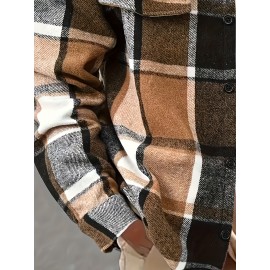 Men'S Casual Plaid Button-Up Shirt - Long Sleeve, Beige & Brown Check Pattern, Loose Fit, Lightweight Polyester Fabric, Perfect for Casual Attire