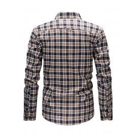 Men's Heavy-Duty Plaid Long Sleeve Dress Shirt - Winter Warmth Collar & Chest Pocket Button, Blue/White/Black/Brown Checkered Pattern, Loose Fit Casual & Formal Button-Up Coat Jacket-like Blazer (Machine Washable)