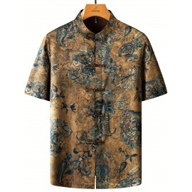 FORTEI Men's Traditional Chinese Tang Suit Short Sleeve Shirt - Lightweight, Light Beige-Friendly Polyester Blend with Intricate Floral Print, Button-Up Collar Design for Casual Summer Wear