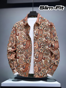 Fashion Apparel, Paisley Pattern Embroidery Craftsmanship Unisex Casual Slim Fit Long-Sleeve Shirt for All Seasons and Gift-Giving