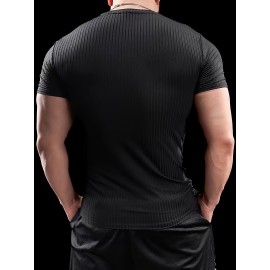 5pcs Men'S Short Sleeve Ribbed Knit T-Shirts - Breathable & Comfortable, Casual Solid Color Crew Neck Tees for Spring/Summer, Lightweight Polyester Blend, Perfect for Casual Attire, Spring Summer Apparel | Casual Style | Comfortable Fit