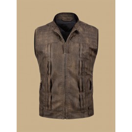 [Vintage Style Vest] Lightweight Vintage-Style Men's Vest | Zipper, Stand Collar, Chest Pockets | Casual Streetwear Outerwear for All Seasons