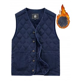 [Winter Warmth Vest] Navy Blue Quilted Corduroy Men's Winter Warmth Vest | Fleece Lining, Pockets, Button Closure | Perfect for Fall and Winter Comfort
