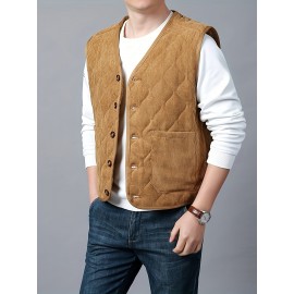 [Winter Warmth Vest] Navy Blue Quilted Corduroy Men's Winter Warmth Vest | Fleece Lining, Pockets, Button Closure | Perfect for Fall and Winter Comfort