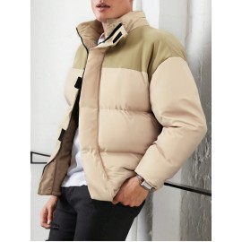 [Men's Winter Jacket] Polyester-Filled Men's Winter Jacket - Black & Casual Outdoor Warm Coat with Stand Collar, Regular Fit for Cold Weather, No Stretch Fabric