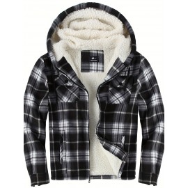 Men's Sherpa-Lined Full-Zip Hooded Jacket - Plaid Flannel Winter Coat with Turquoise/Black/White/Gray Plaid, Machine Washable, Full-Zip Front & Pockets - Casual Outdoor & Everyday Cold Weather Outerwear (Regular Fit)