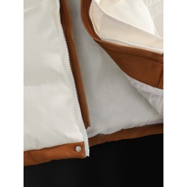 Men'S Hooded Vest - Thickened Warm Sleeveless Jacket with Zipper Closure, Red & Color Block Design, Polyester Lining, Casual Style for Cold Weather, Unisex Couple'S Outerwear, Multiple Colors Available, Winter Vest, Cold Weather Apparel