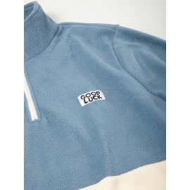 Men'S Casual Geometric Color Block Fleece Sweatshirt Jacket, Polyester Knit Fabric, Regular Fit, with High Neck and Medium Stretch, for All-Season Pullover