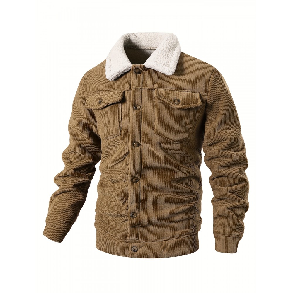 [Heavyweight Winter Jacket] Winter Heavyweight Men's Jacket | Corduroy Texture, Fleece Lining, Flip Collar, Double Pockets, Single-Button Closure, Machine Washable Polyester, Regular Fit Casual Outerwear