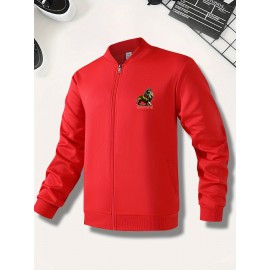 [Sporty Zip-Up Jacket] Rasta Colors Men's Lion Graphic Print Zip-Up Jacket | Machine Washable Regular Fit Outerwear, Sporty Casual Stand Collar Winter Coat, Autumn Apparel, Ethiopia Text
