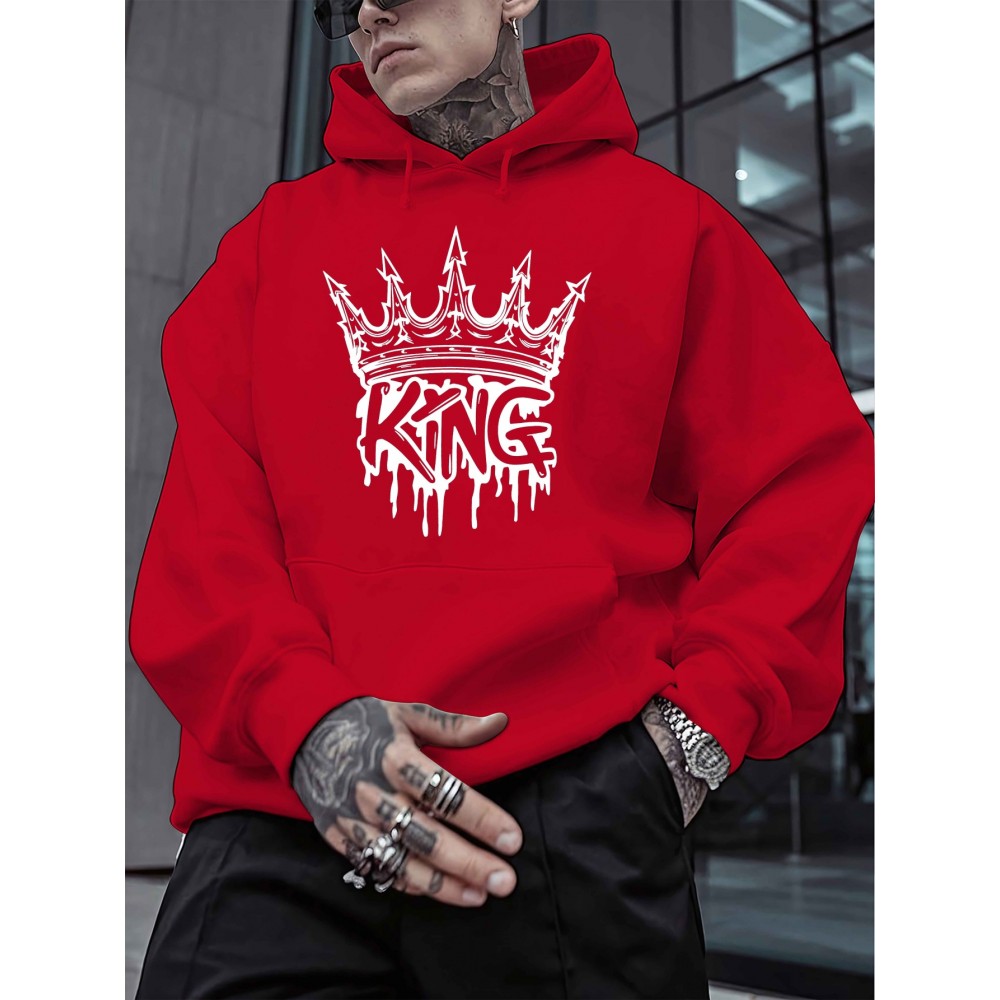 Men'S Casual King Crown Print Hoodie, 100% Polyester Long Sleeve Sweatshirt, Winter Knit Fabric with Slight Stretch, Regular Fit Hooded Top, 200g/m² - Trendy American Style Clothing Gift