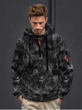 [Heavyweight Camo Hoodie] Heavyweight 290g Men's Camo Print Zip-Up Hoodie | Long Sleeve Pullover with Pockets, Black & Gray Snake Design, Casual Style, Outdoor Sports Wear | Camouflage Print Hoodie | Durable Outdoor Apparel