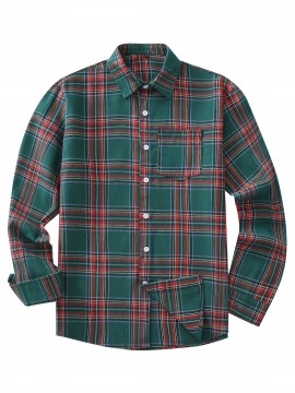 Men'S Casual Red and Green Plaid Long Sleeve Shirt - Polyester, Non-Stretch, Single Breasted, Pocket, Weekend Casual, Regular Fit