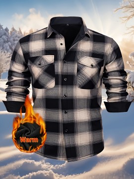 Autumn and Winter Thickened Fleece-Lined Men's Classic Outdoor Casual Home Office Wrinkle-Resistant Plaid Shirt with Multiple Pockets