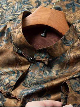 FORTEI Men's Traditional Chinese Tang Suit Short Sleeve Shirt - Lightweight, Light Beige-Friendly Polyester Blend with Intricate Floral Print, Button-Up Collar Design for Casual Summer Wear