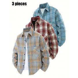 3pcs Men'S Scandinavian Vintage Plaid Shirt Set - Loose Fit, Breathable Rayon, Long Sleeve with Button-Up Design, Perfect for Fall & Spring Casual Wear, Casual Wear Shirts|Vintage Plaid Shirt|Asymmetrical Hemline, Thick