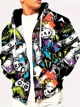 [1pc Men'S Novelty Hooded Jacket] 1pc Men'S Novelty Hooded Jacket, Casual Geometric Pattern Knit Polyester Fiber, Regular Fit Spring/Autumn Outerwear with Zip Closure