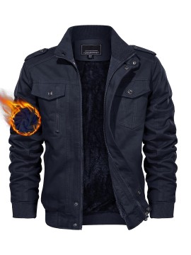 Men's Winter Fleece-Lined Cargo Jacket - Windproof Stand Collar Zipper Jacket with Ribbed Cuffs, Multi-Pockets & Soft Shell for Fall Winter Daily Wear, Outdoor Hiking Camping