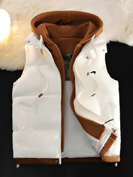 Men'S Hooded Vest - Thickened Warm Sleeveless Jacket with Zipper Closure, Red & Color Block Design, Polyester Lining, Casual Style for Cold Weather, Unisex Couple'S Outerwear, Multiple Colors Available, Winter Vest, Cold Weather Apparel