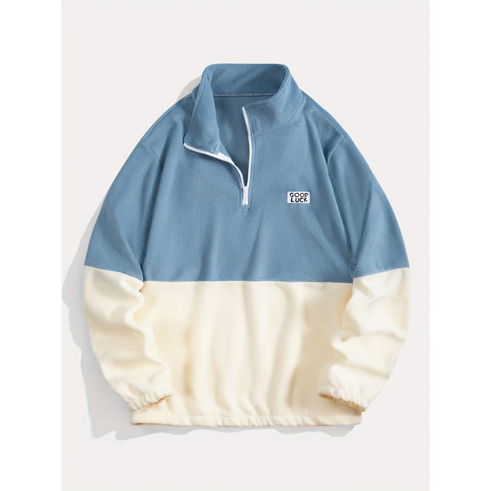 Men'S Casual Geometric Color Block Fleece Sweatshirt Jacket, Polyester Knit Fabric, Regular Fit, with High Neck and Medium Stretch, for All-Season Pullover