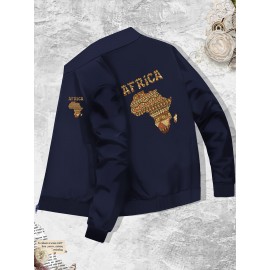 Men's African Tribal Art Print Slim-Fit Bomber Jacket - Black Zip-Up Stand Collar Streetwear Coat with Pockets, Machine Washable Polyester for Autumn/Winter Casual Wear, Sleek Knit Texture