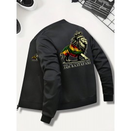 [Sporty Zip-Up Jacket] Rasta Colors Men's Lion Graphic Print Zip-Up Jacket | Machine Washable Regular Fit Outerwear, Sporty Casual Stand Collar Winter Coat, Autumn Apparel, Ethiopia Text